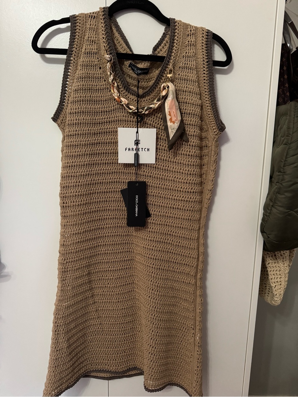Dolce & Gabbana Taupe Crochet Knit Sleeveless Dress with Contrast Trim